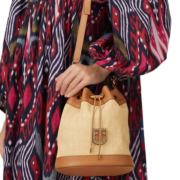 Furla Corona Straw & Leather Bucket Bag - Picture 3 of 12